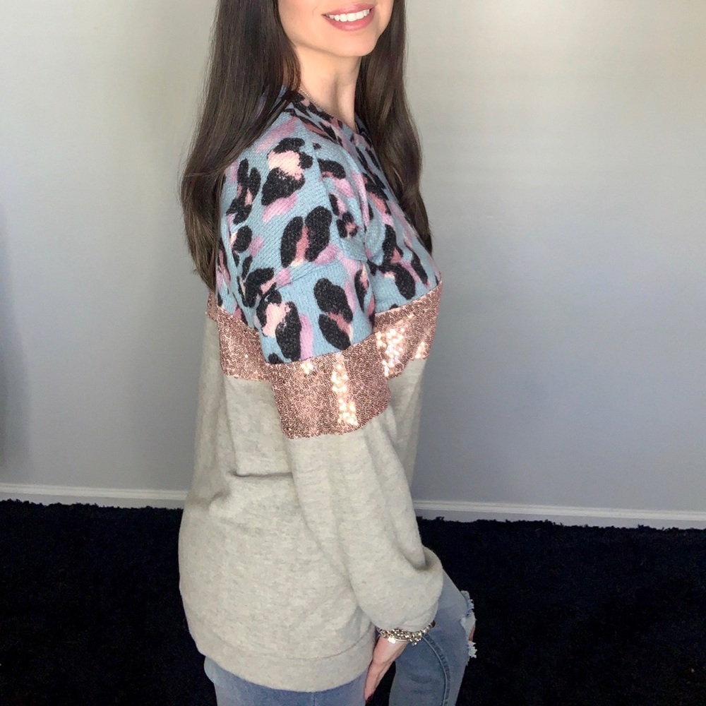 Leopard Print Color Block Sequin Sweater Top - image 2